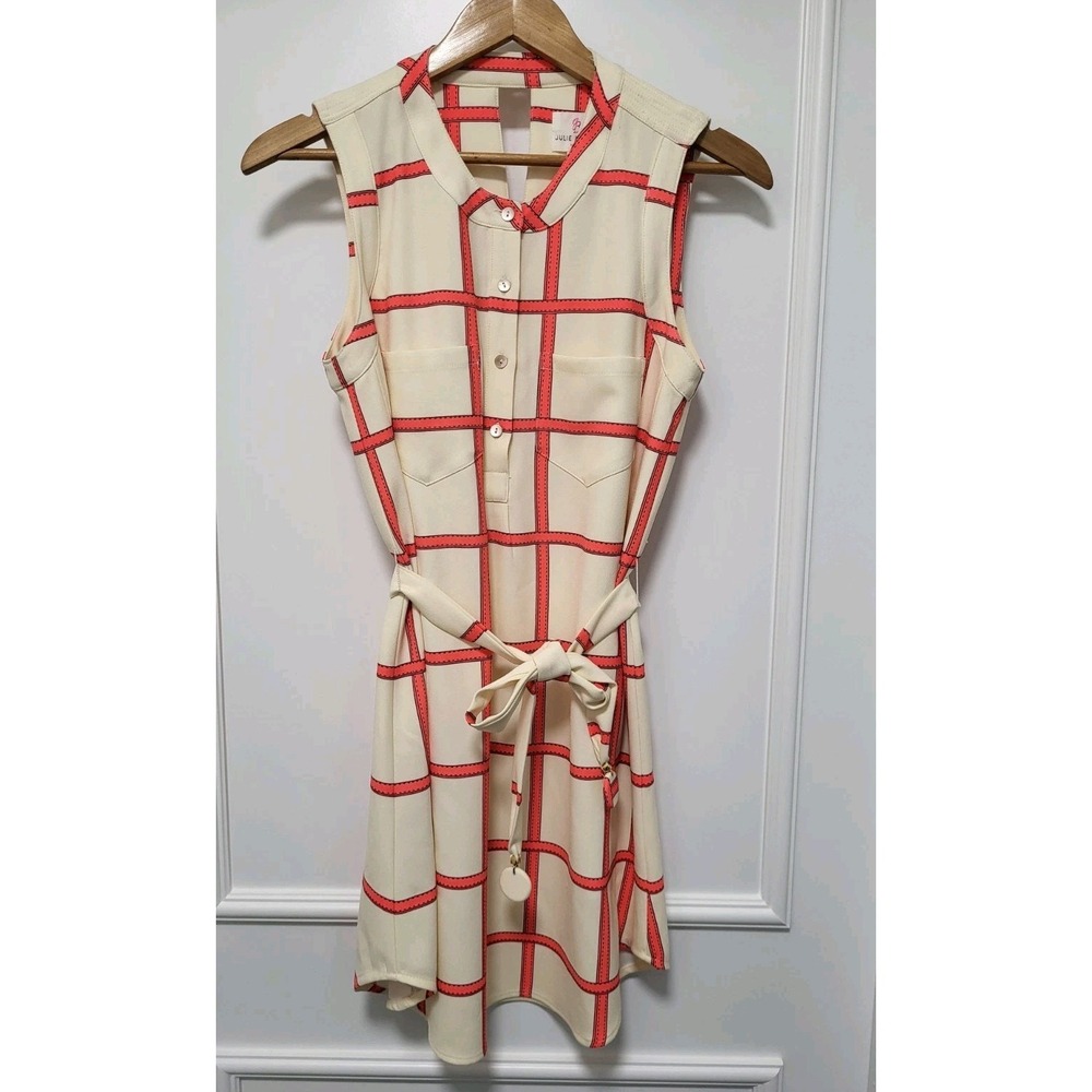 Julie Brown LA Sleeveless Belted 1/2 Button Windowpane Summer Dress Pockets Sz 4
